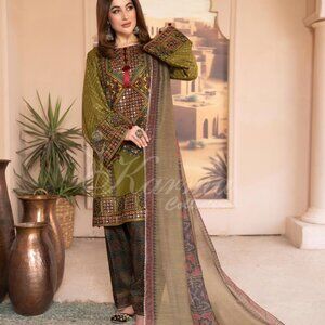 Karma Naqsh Collection Mehndi Green Embroidered Shalwar Kameez with Ajrak print